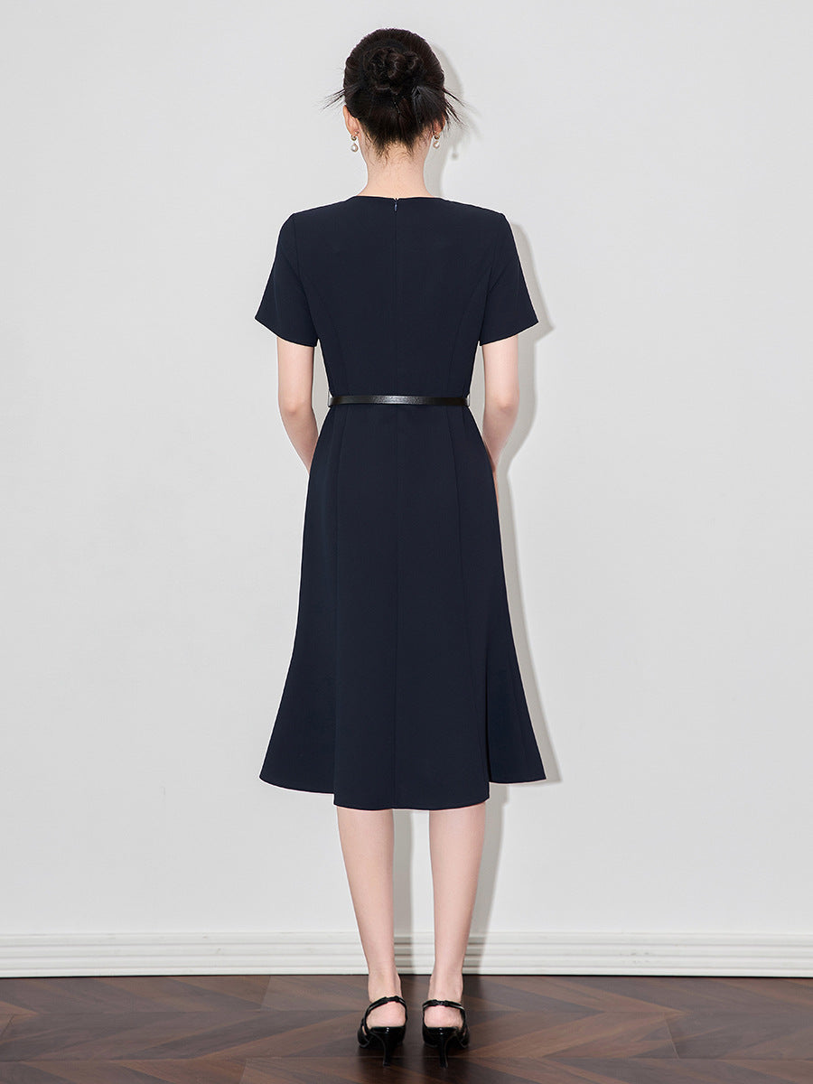 Paloma Navy Diamond-Encrusted Fishtail Midi Dress — styled look
