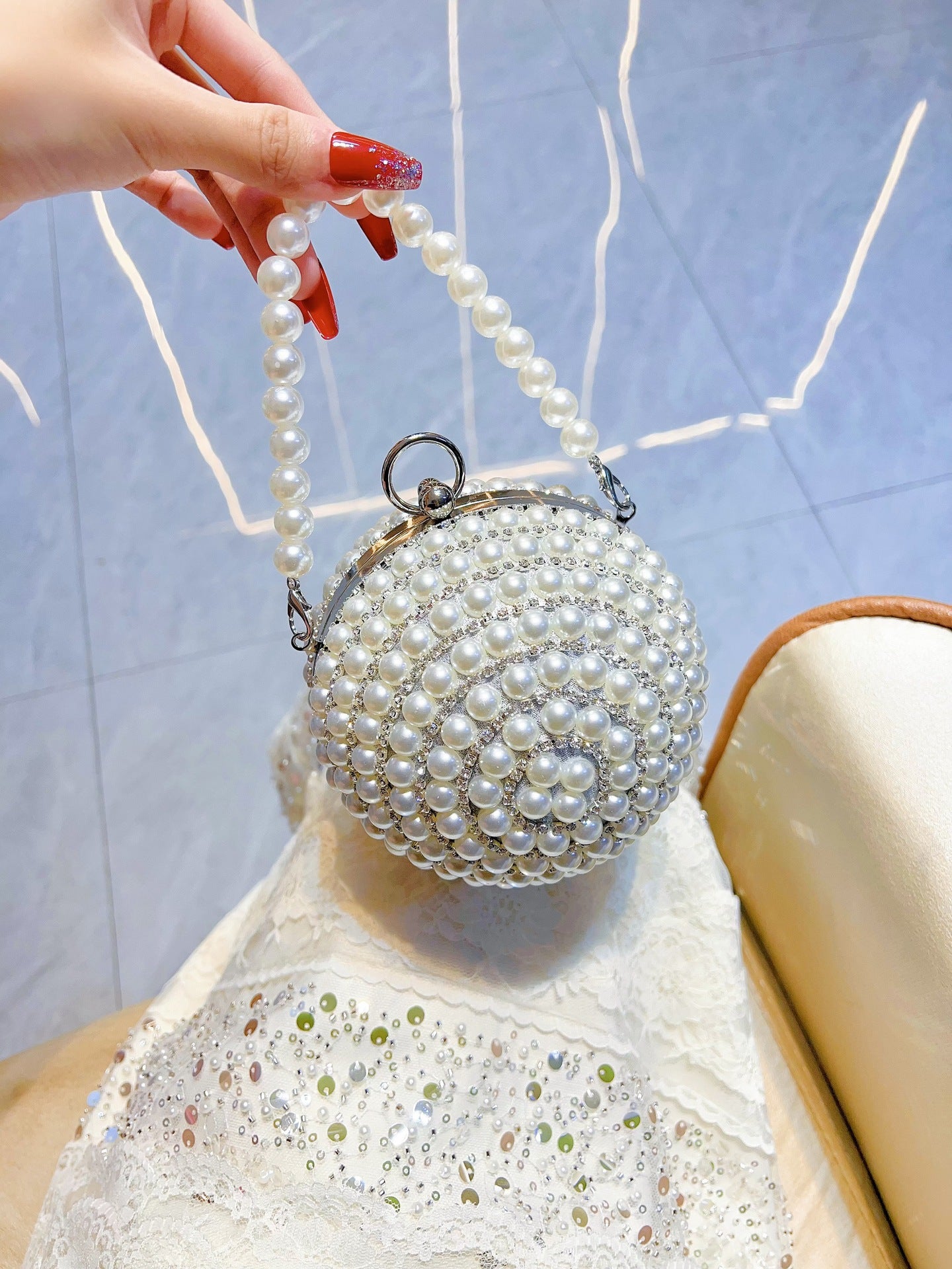 Pearl-Encrusted Italian-Inspired Spherical Evening Bag — front view