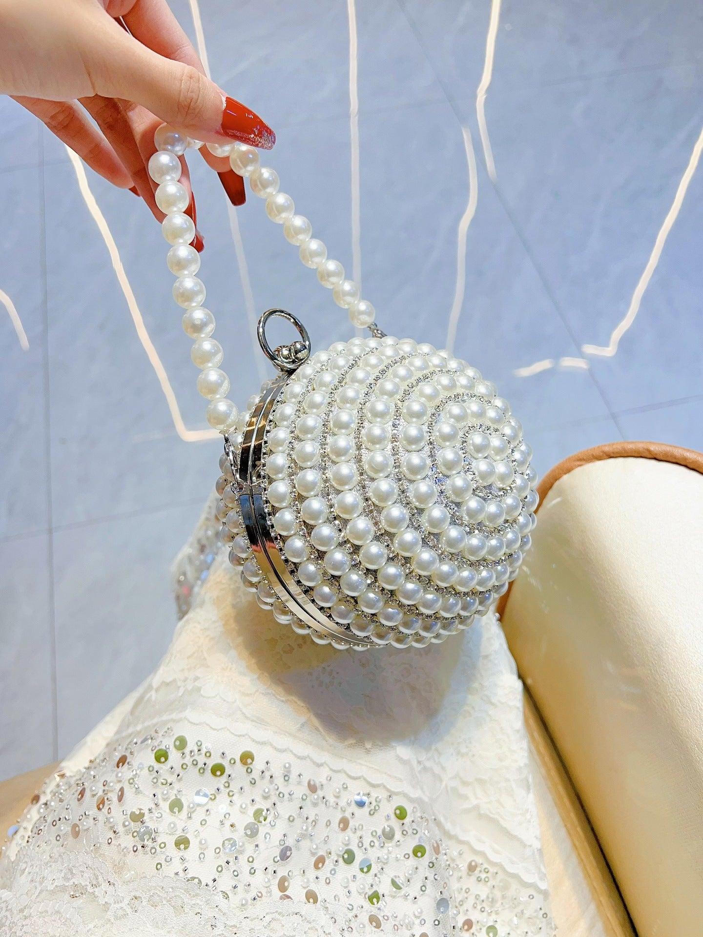 Pearl-Encrusted Italian-Inspired Spherical Evening Bag — full length