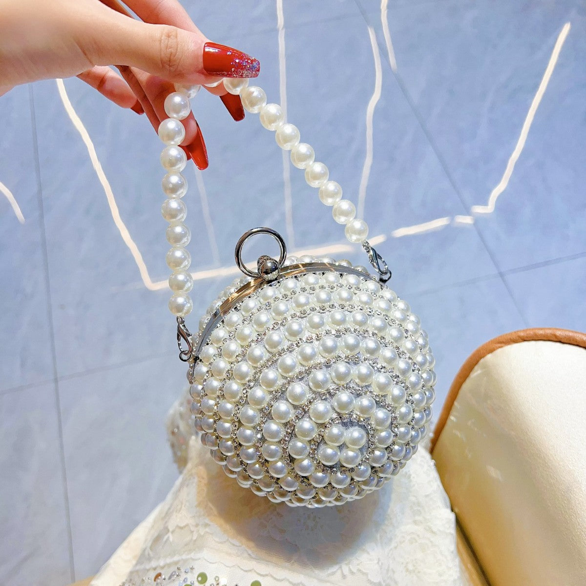 Pearl-Encrusted Italian-Inspired Spherical Evening Bag — side view