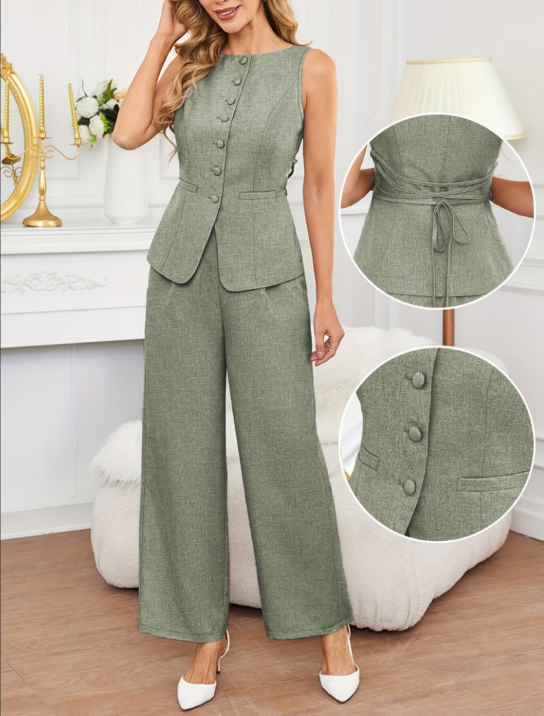 Philippine button vest and wide-leg trouser set — Green colorway