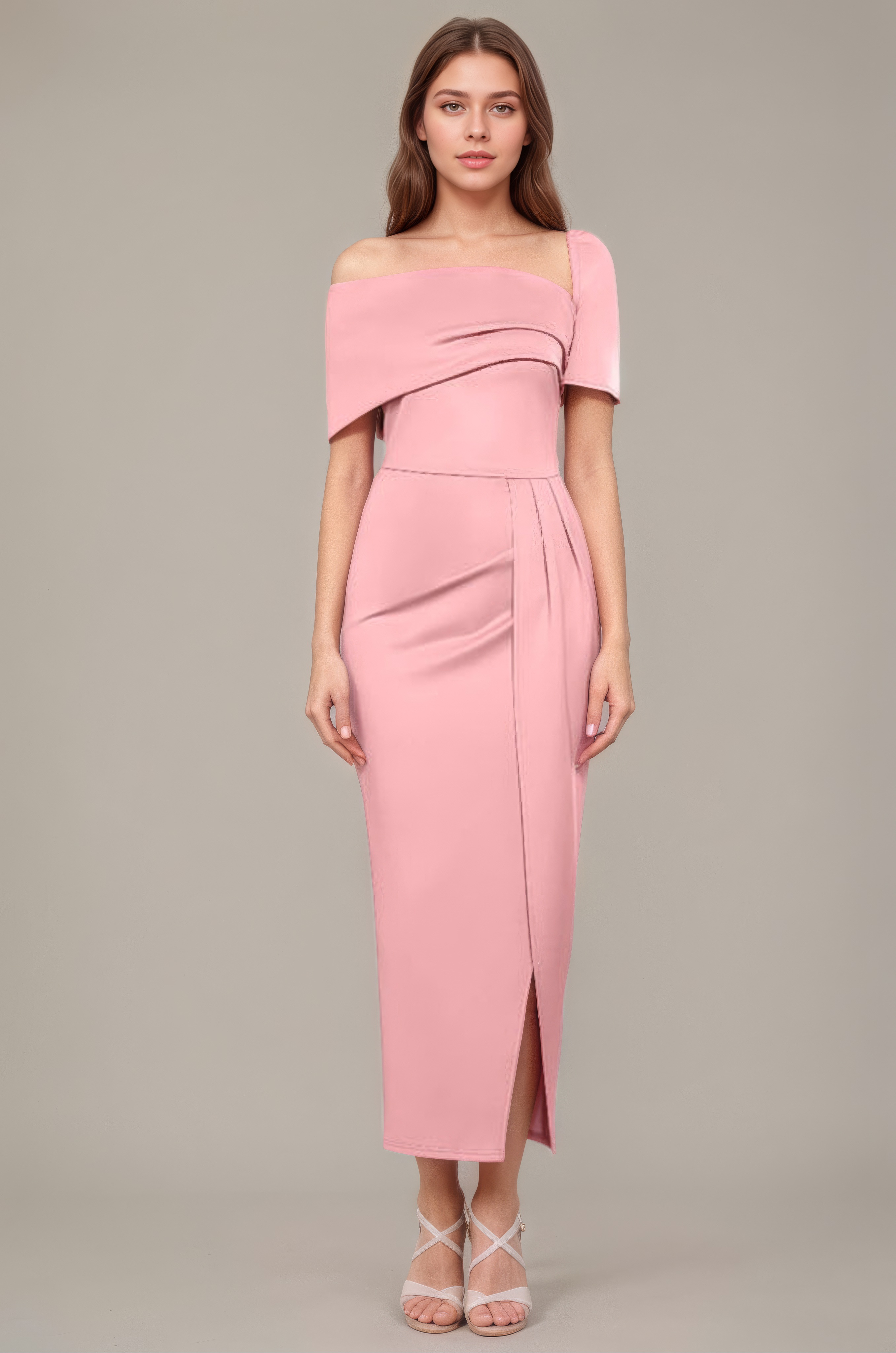 Blush One-Shoulder Draped Front-Slit Midi Dress