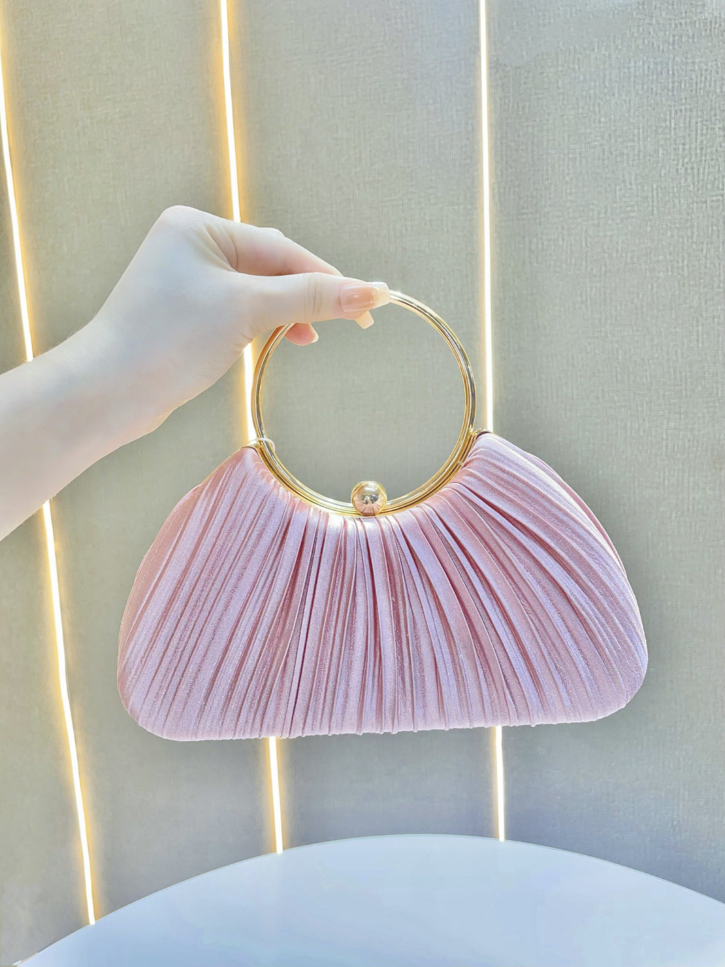 Pleated Satin Evening Bag with Gold Ring Handle — front view