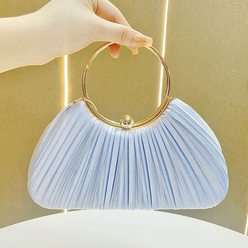 Pleated Satin Evening Bag with Gold Ring Handle — silhouette