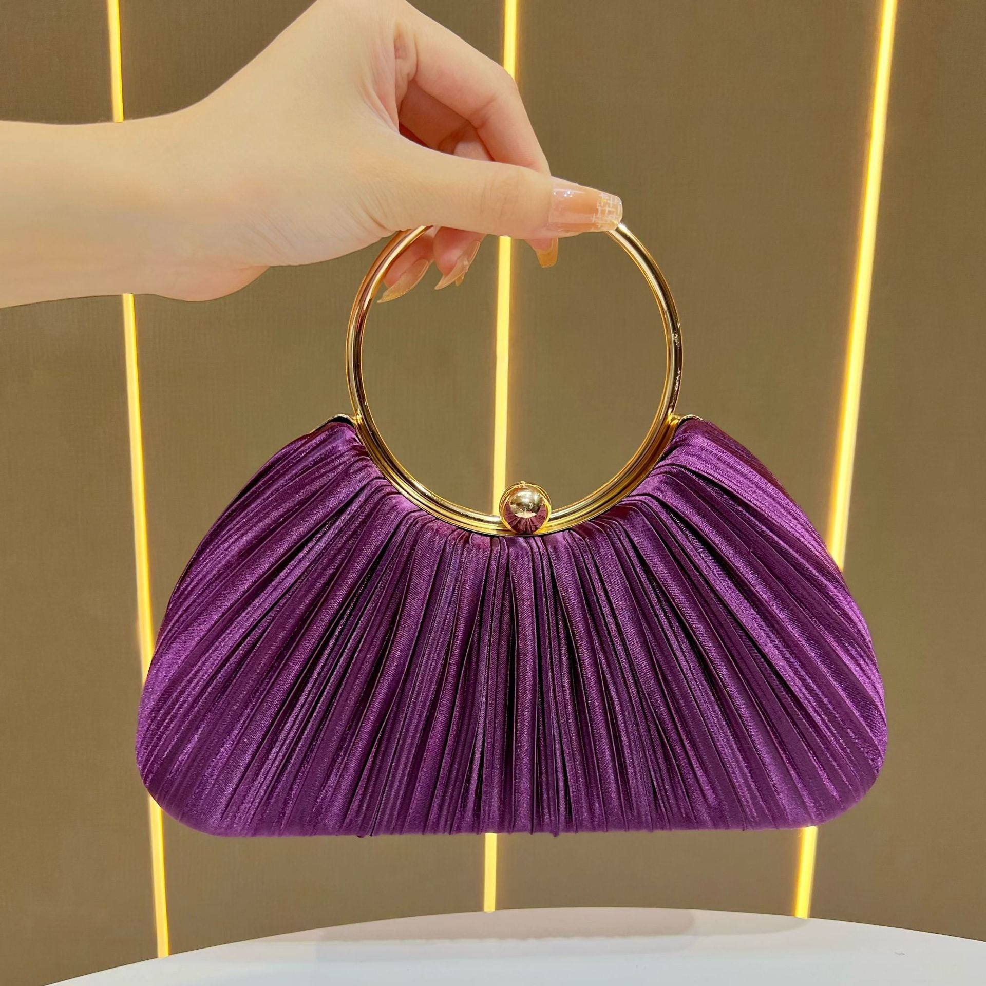 Pleated Satin Evening Bag with Gold Ring Handle — color reference
