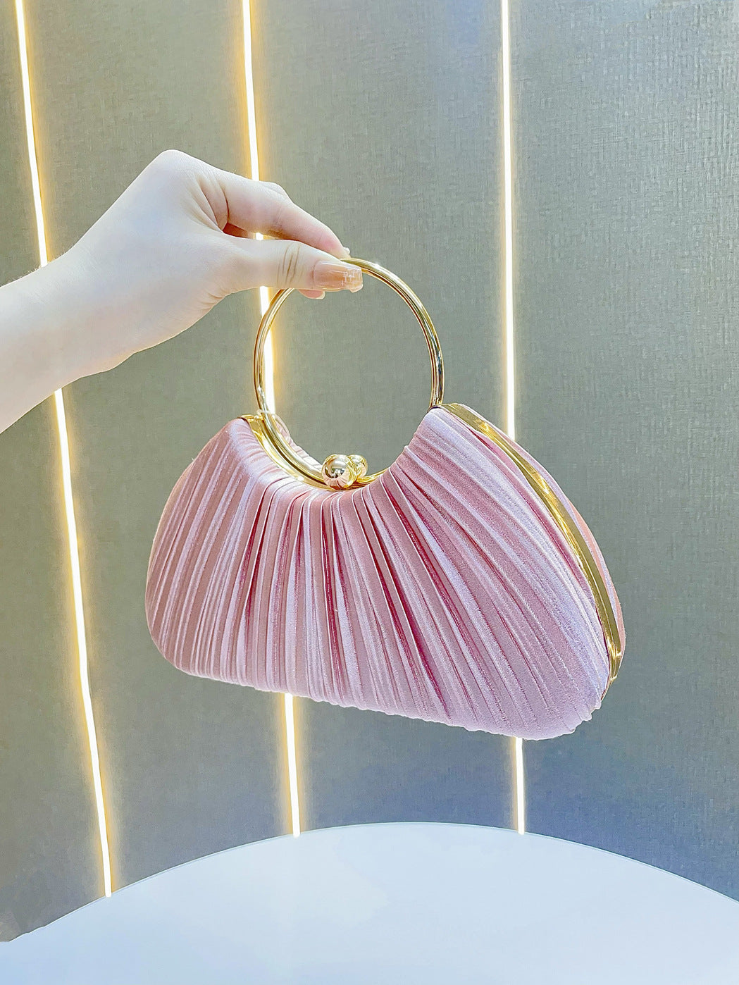 Pleated Satin Evening Bag with Gold Ring Handle — full length