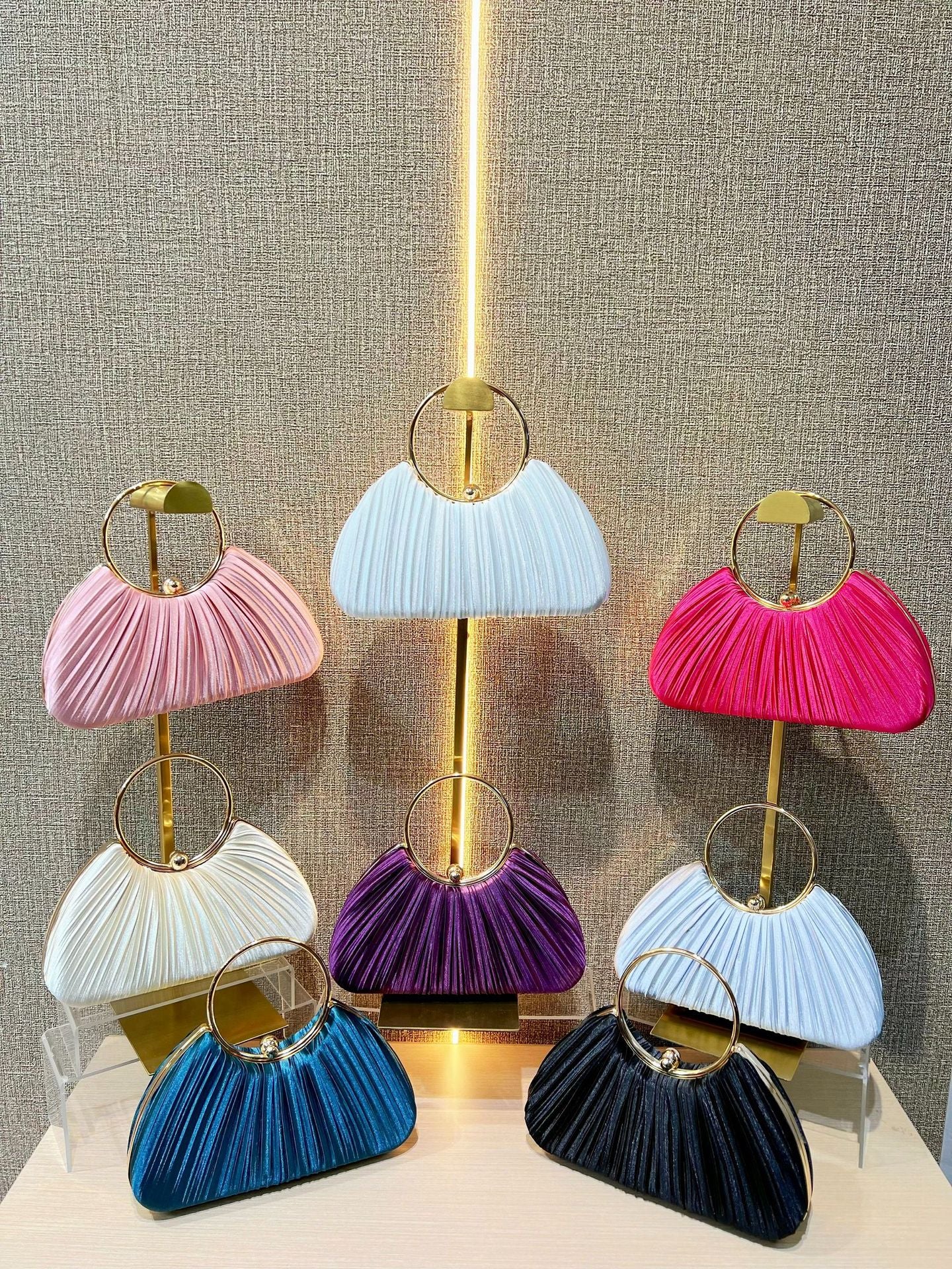 Pleated Satin Evening Bag with Gold Ring Handle — fabric and detail