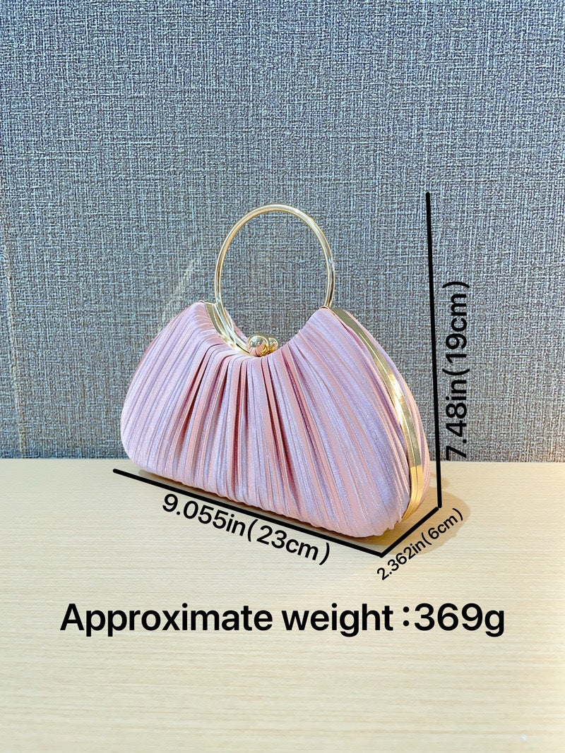 Pleated Satin Evening Bag with Gold Ring Handle — back view
