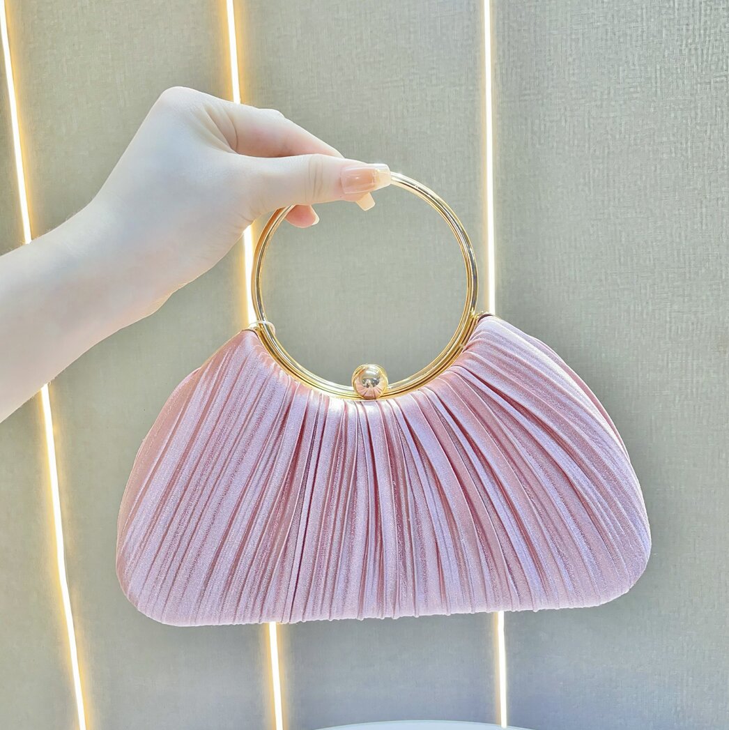 Pleated Satin Evening Bag with Gold Ring Handle — side view