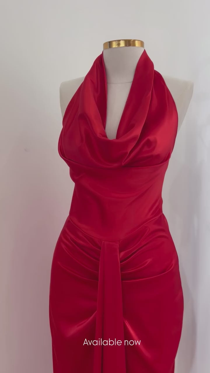 Lucienne Drape Cowl Neck Halter Gown