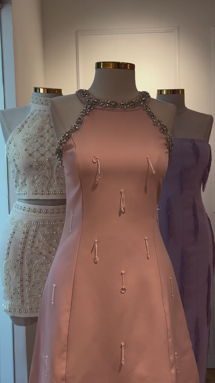 Gilded Halo Sleek Embellished pastel Mini Dress