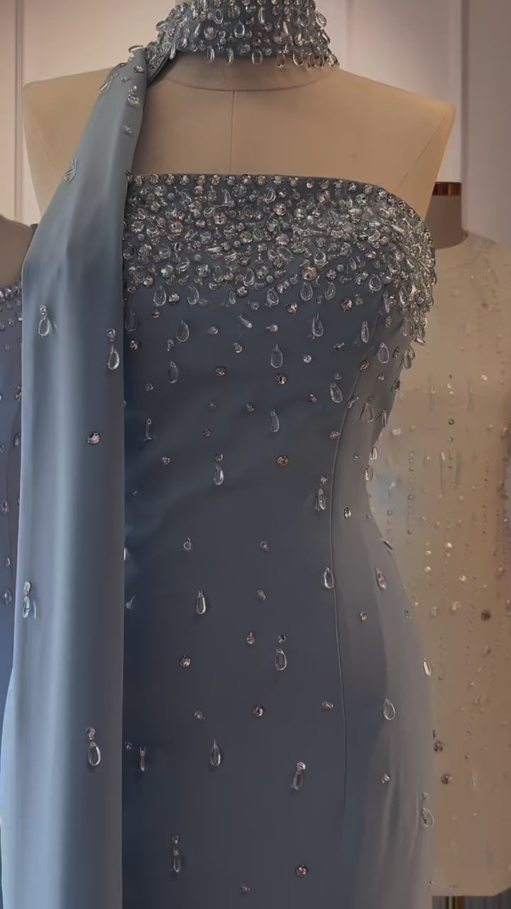 Blue Crystal Cape-Back Evening Gown