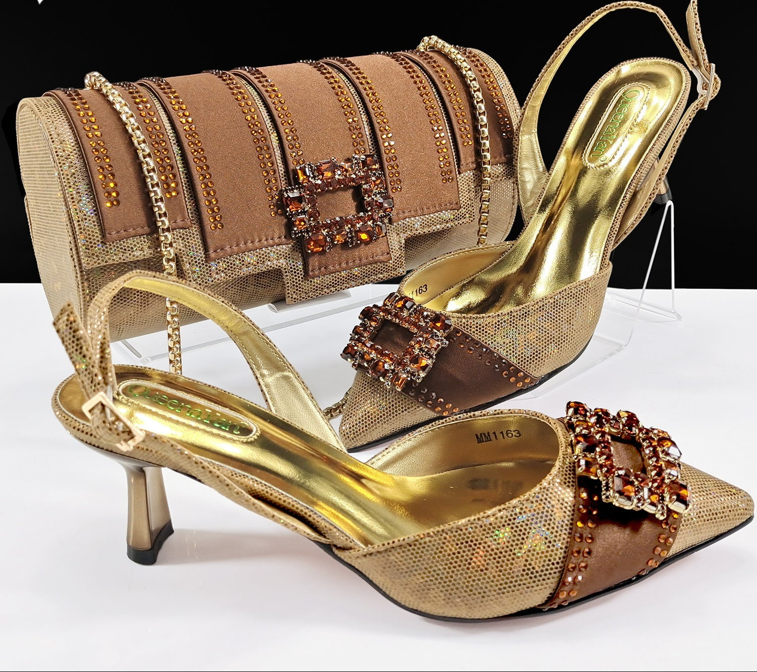 Diamond Buckle Pointed-Toe Heels & Bucket Clutch Set — front view