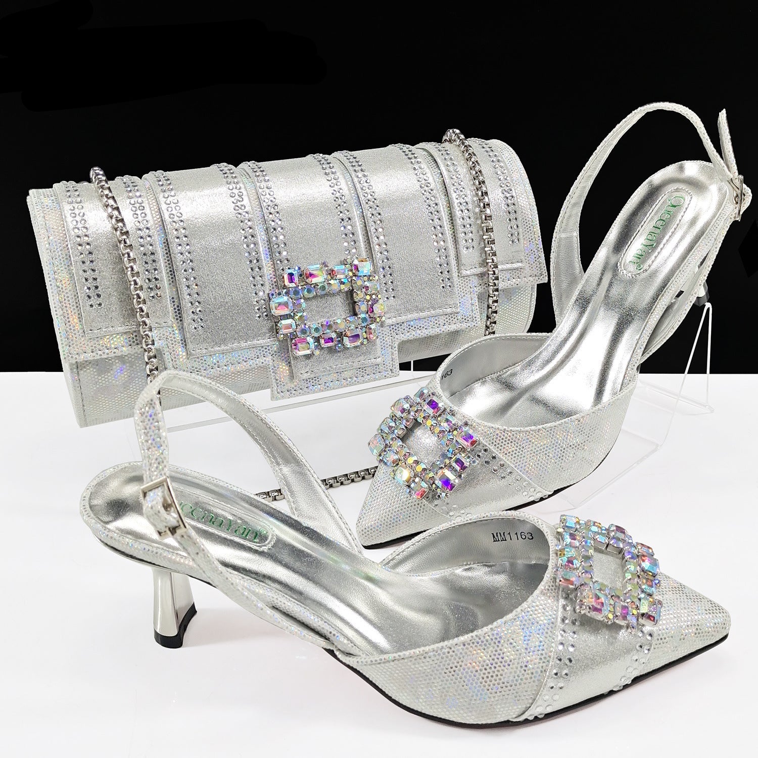 Diamond Buckle Pointed-Toe Heels & Bucket Clutch Set — silhouette