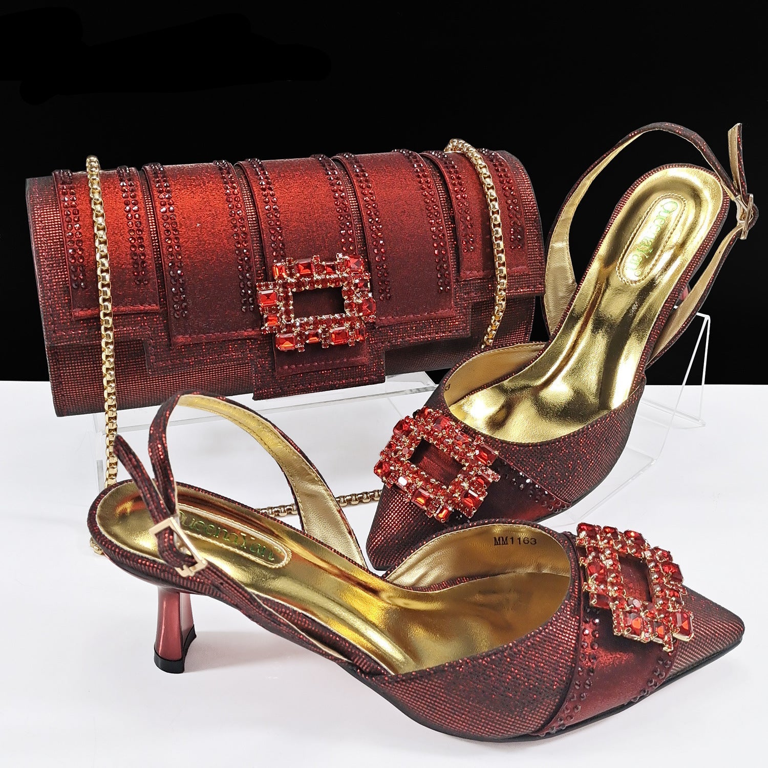 Diamond Buckle Pointed-Toe Heels & Bucket Clutch Set — neckline detail