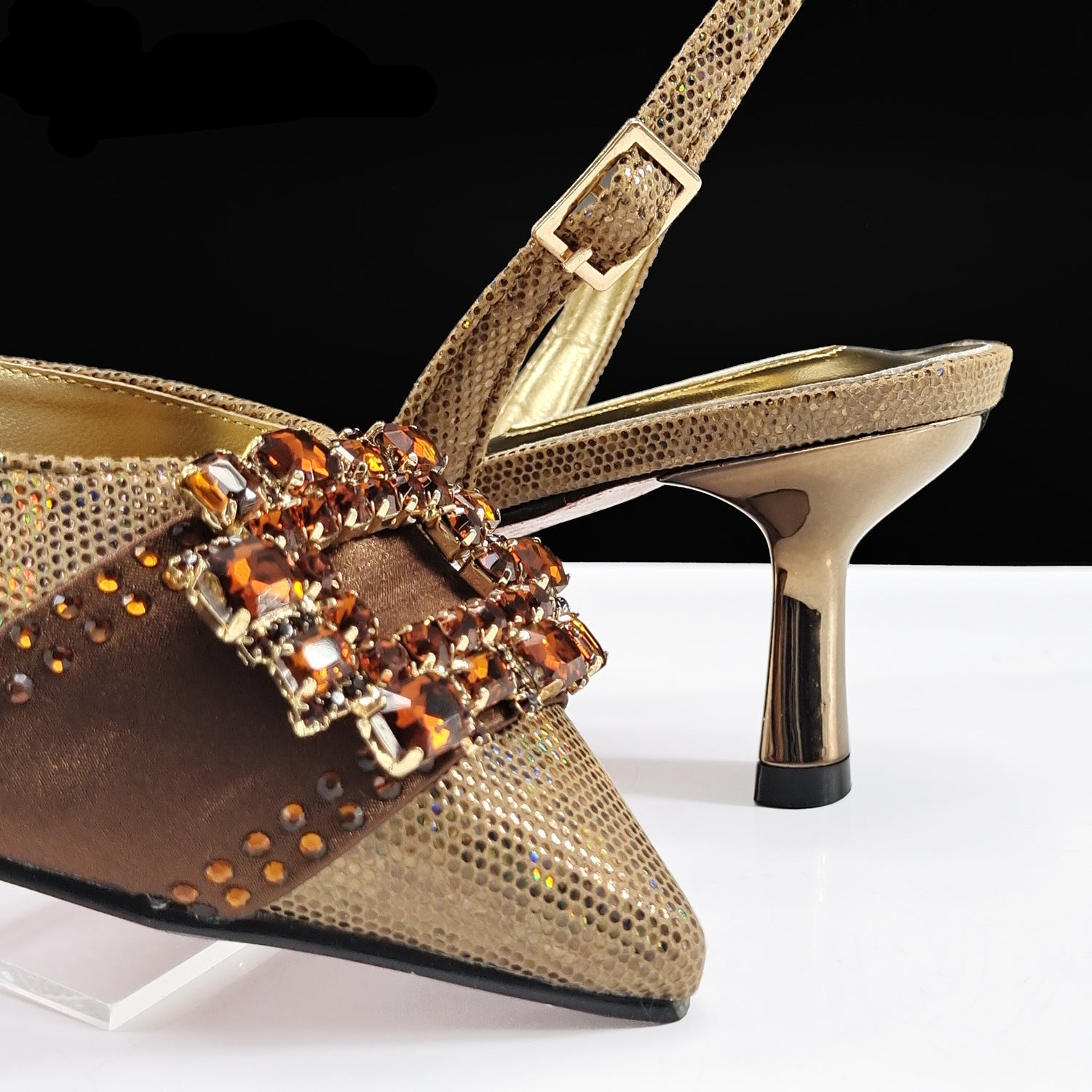 Diamond Buckle Pointed-Toe Heels & Bucket Clutch Set — full length