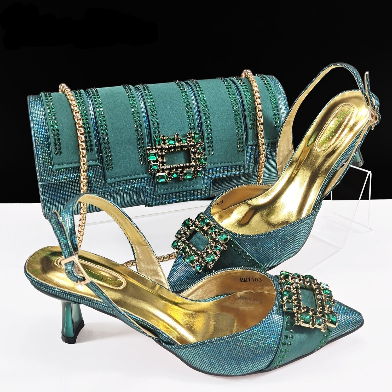 Diamond Buckle Pointed-Toe Heels & Bucket Clutch Set — back view