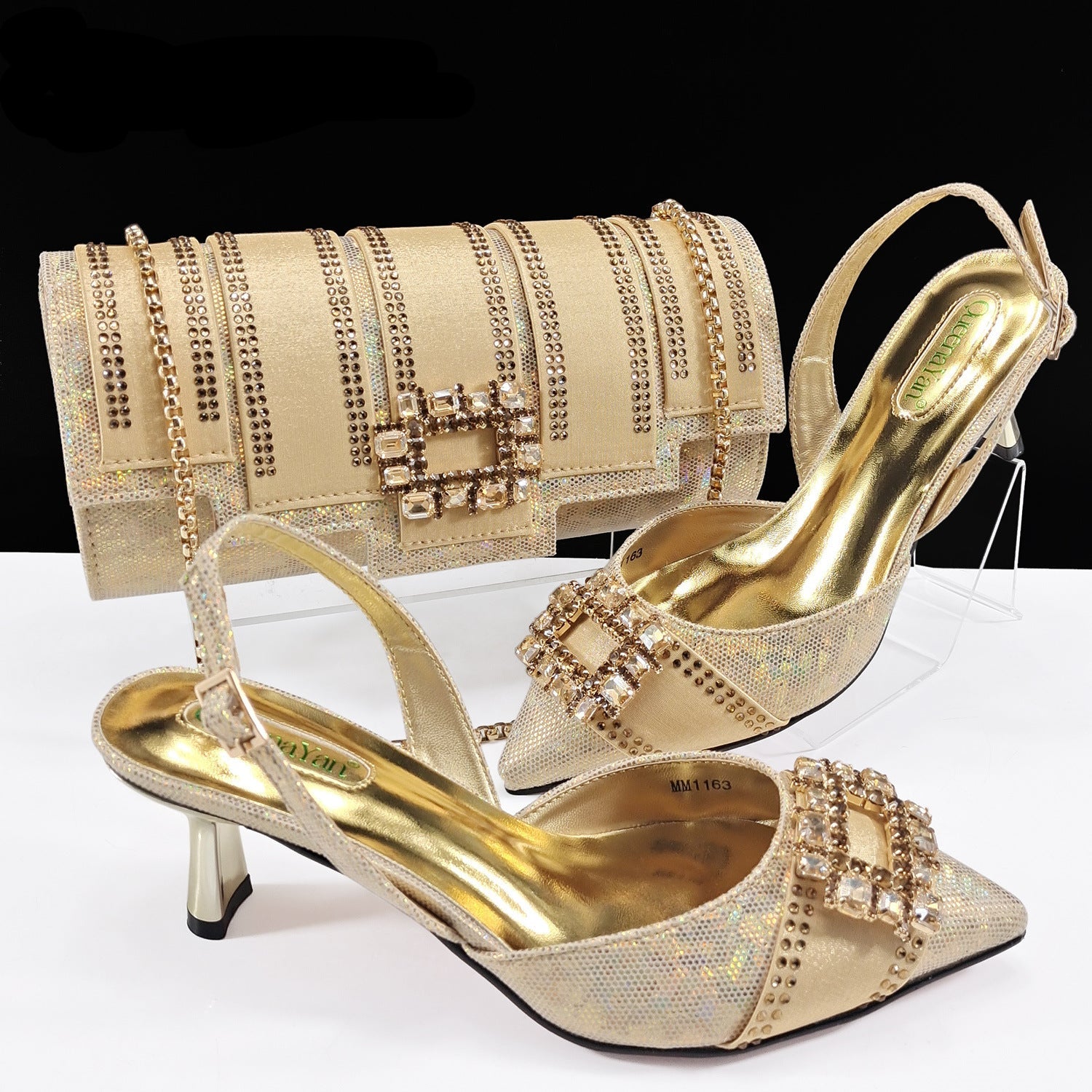 Diamond Buckle Pointed-Toe Heels & Bucket Clutch Set — side view