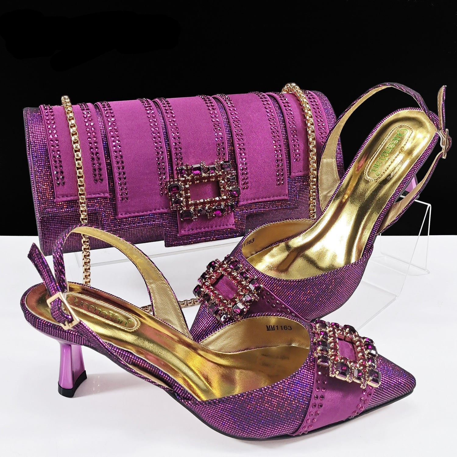 Diamond Buckle Pointed-Toe Heels & Bucket Clutch Set — close-up detail