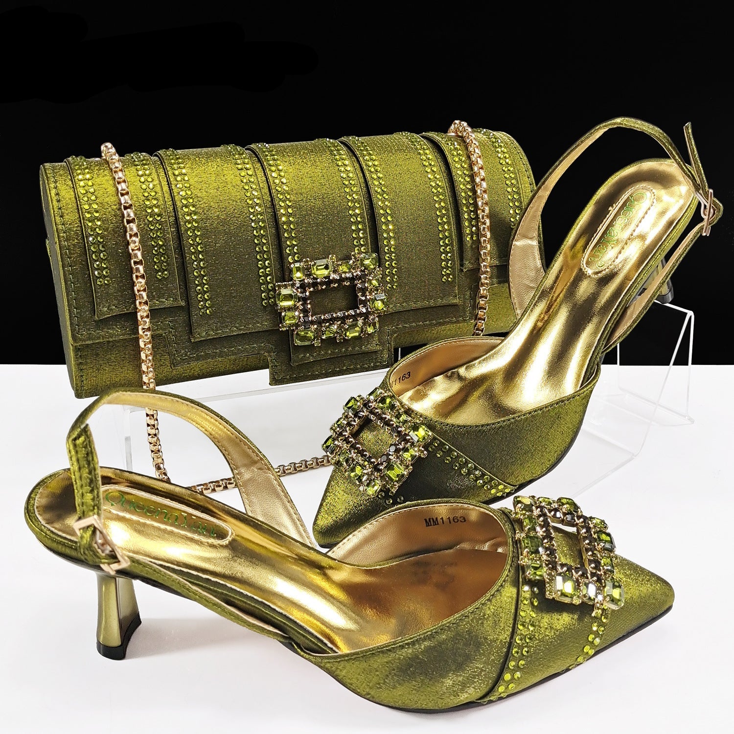 Diamond Buckle Pointed-Toe Heels & Bucket Clutch Set — model wearing