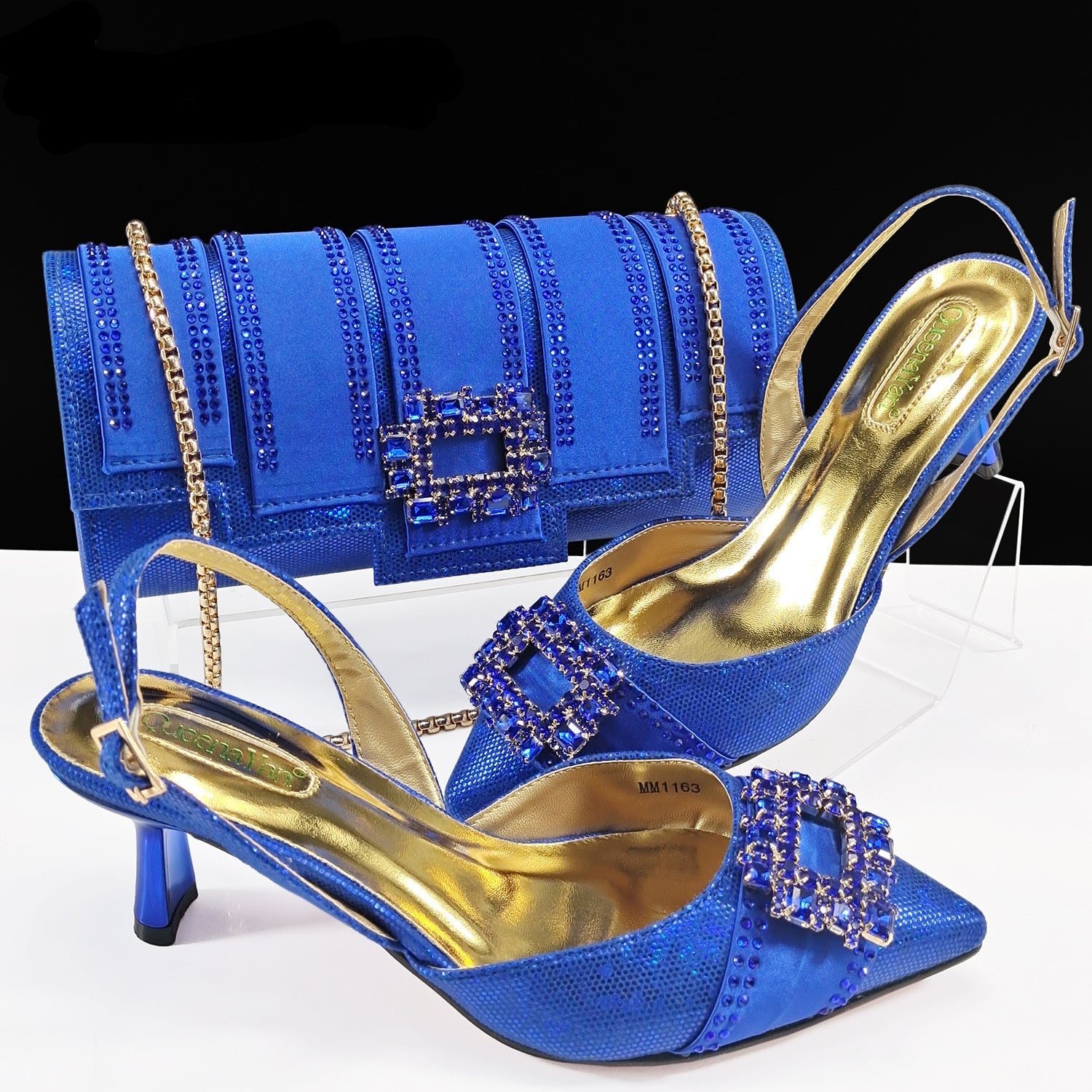 Diamond Buckle Pointed-Toe Heels & Bucket Clutch Set — runway angle