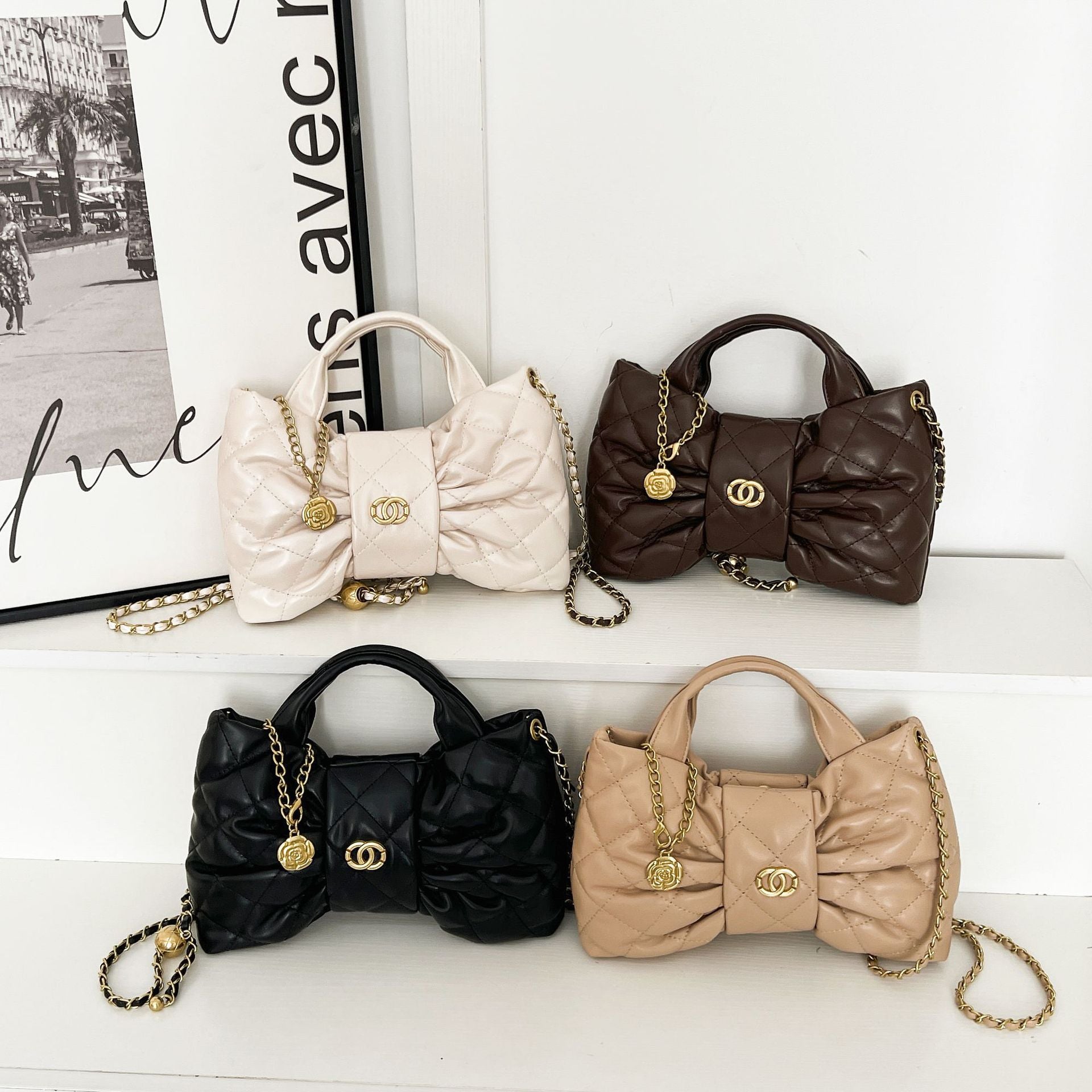 Quilted Bow Chain Evening Bag — full length