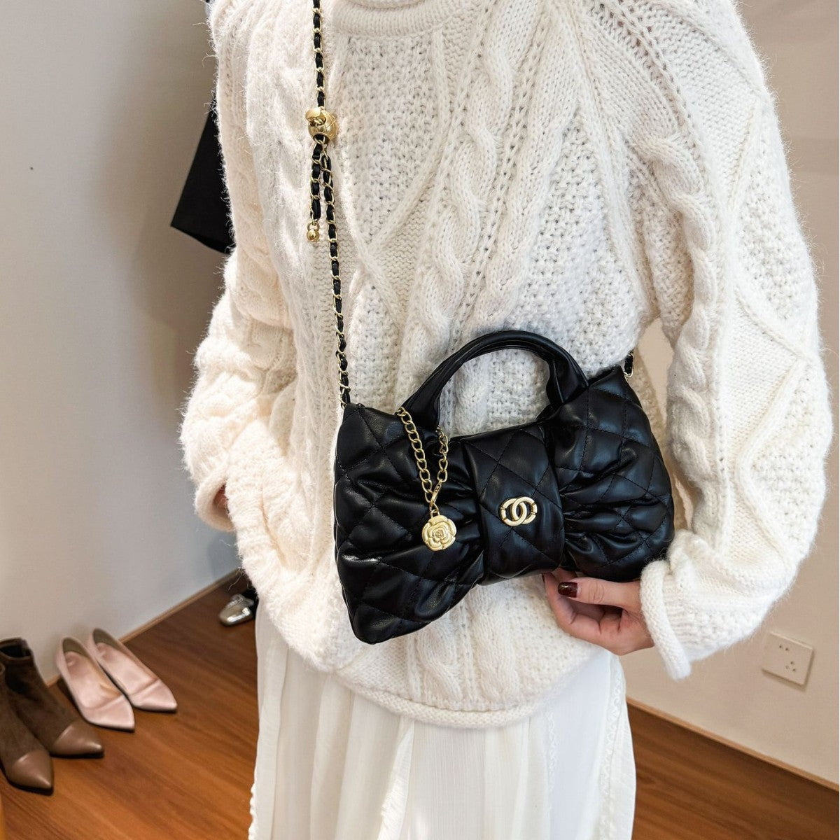 Quilted Bow Chain Evening Bag — styled look