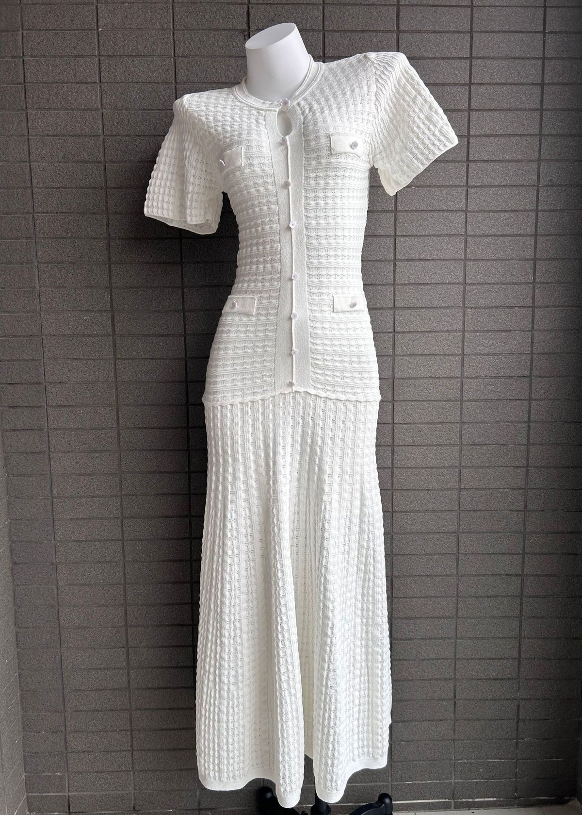 White pointelle knit puff-sleeve flared maxi dress