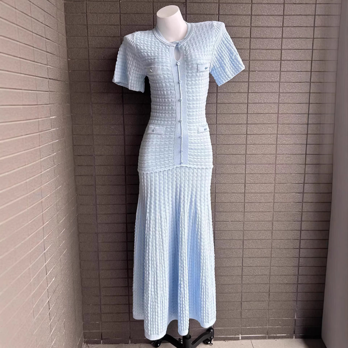 Light blue knit flared maxi dress, full length
