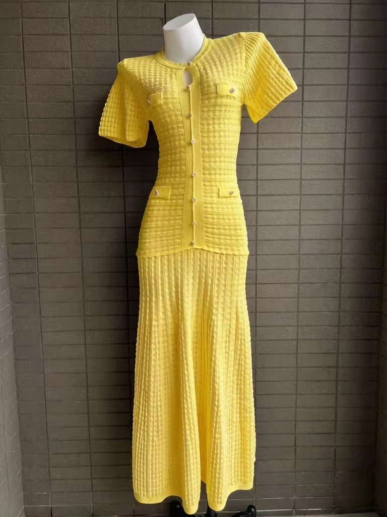 Yellow pointelle knit puff-sleeve flared maxi dress