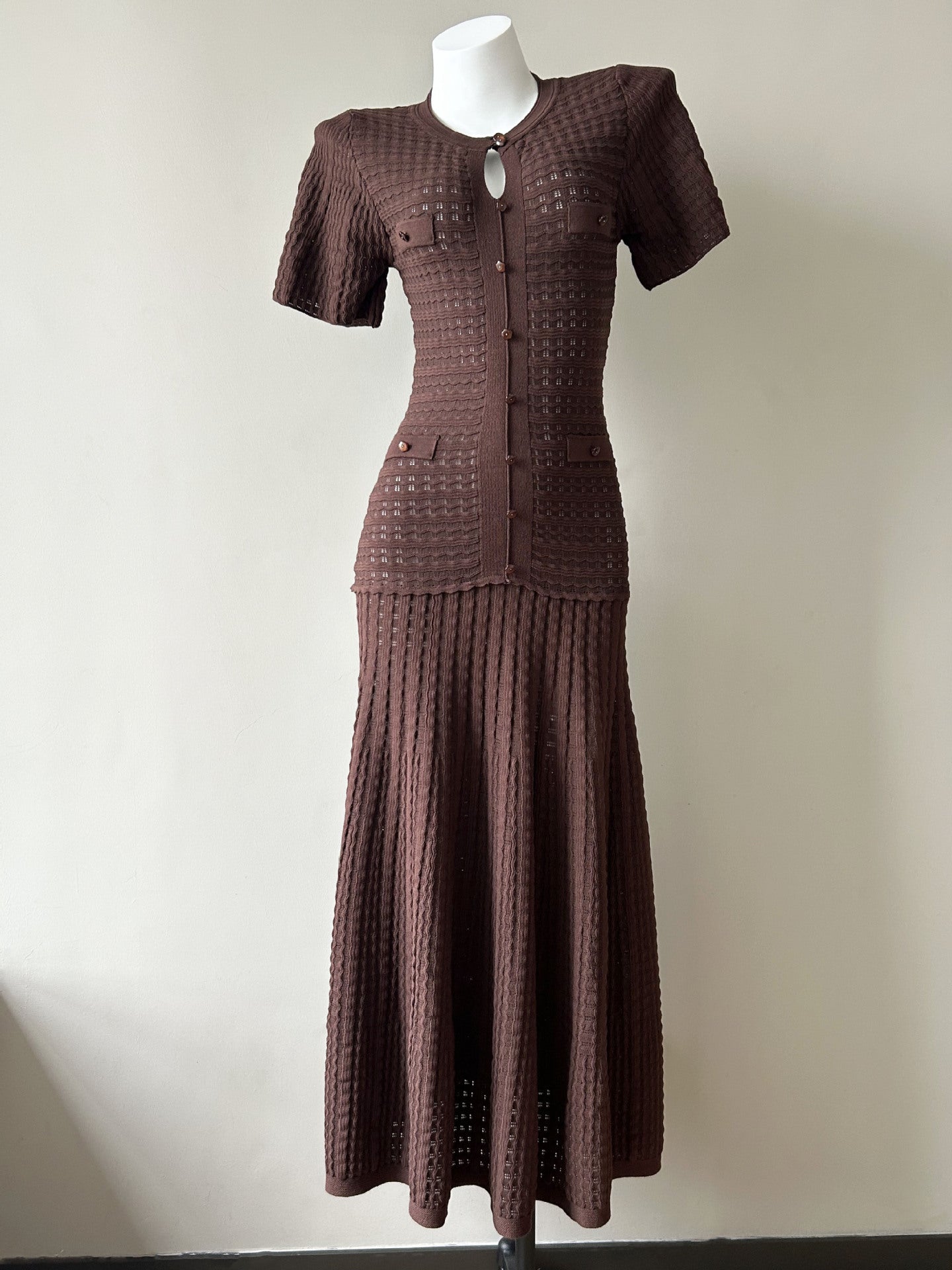 Brown pointelle knit button-front maxi dress