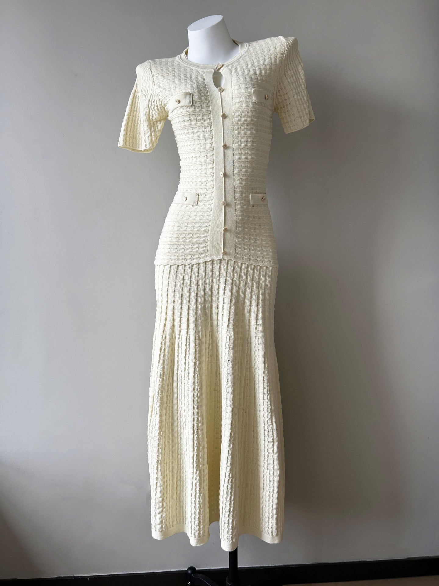 Cream pointelle knit puff-sleeve maxi dress