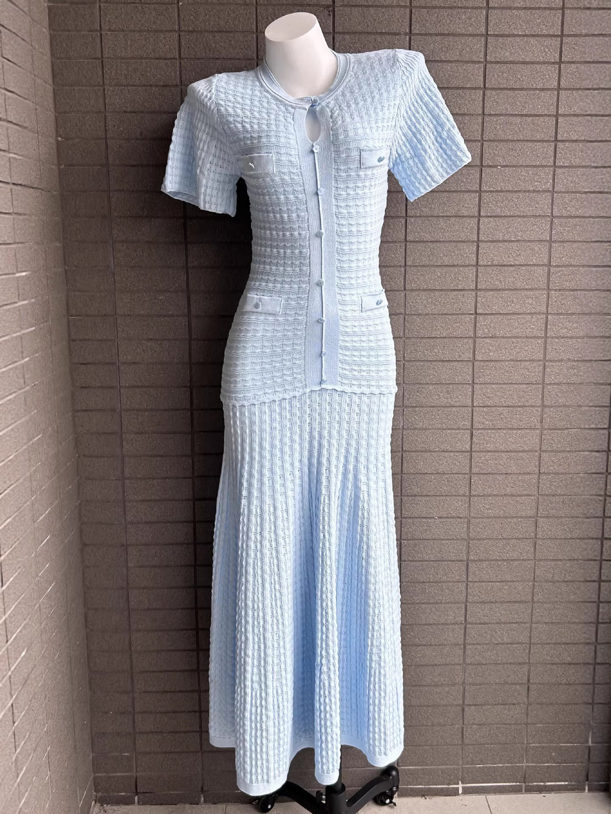 Light blue pointelle knit puff-sleeve maxi dress