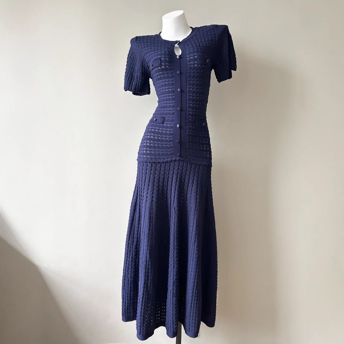 Navy pointelle knit maxi dress, front view