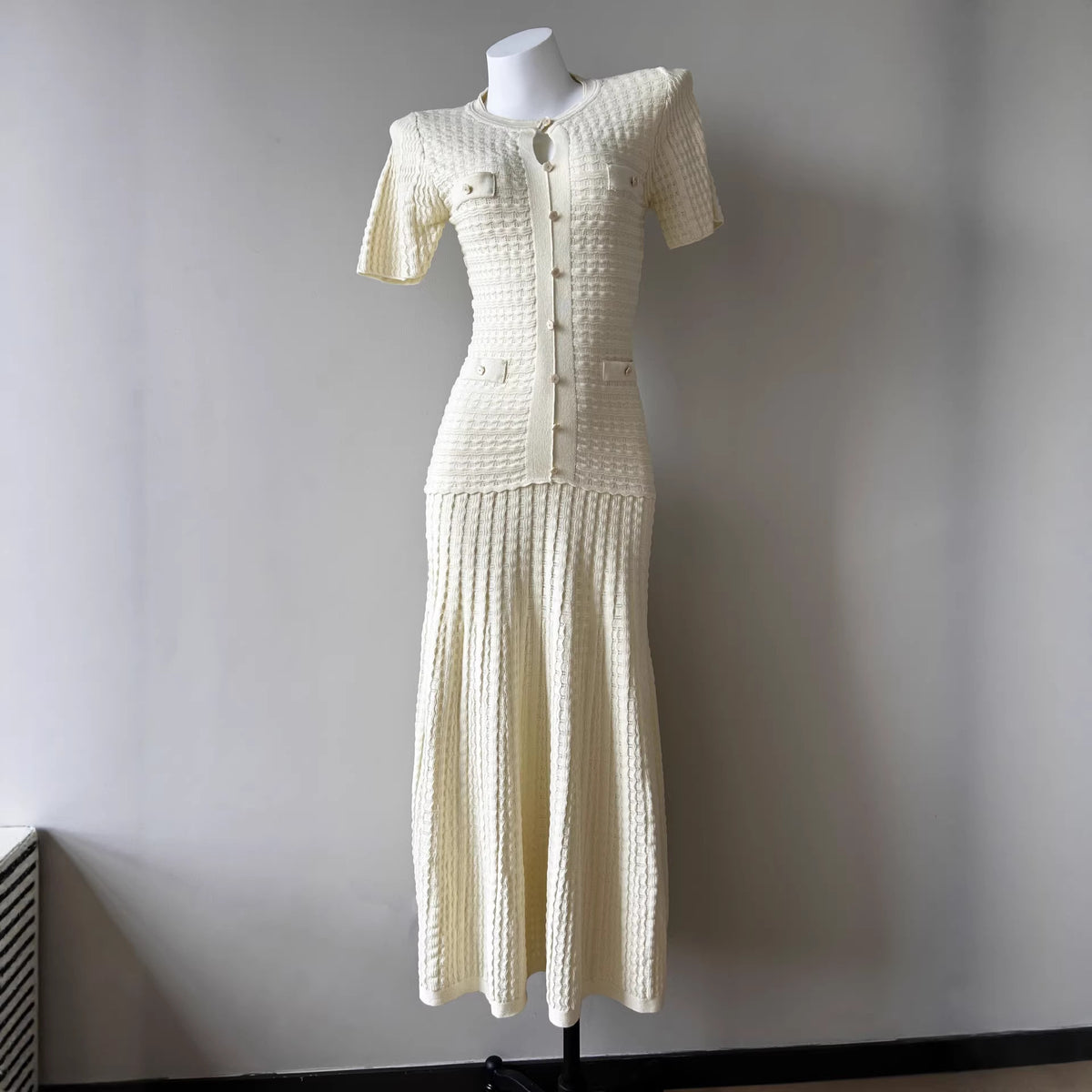 Cream knit puff-sleeve flared maxi dress, full length
