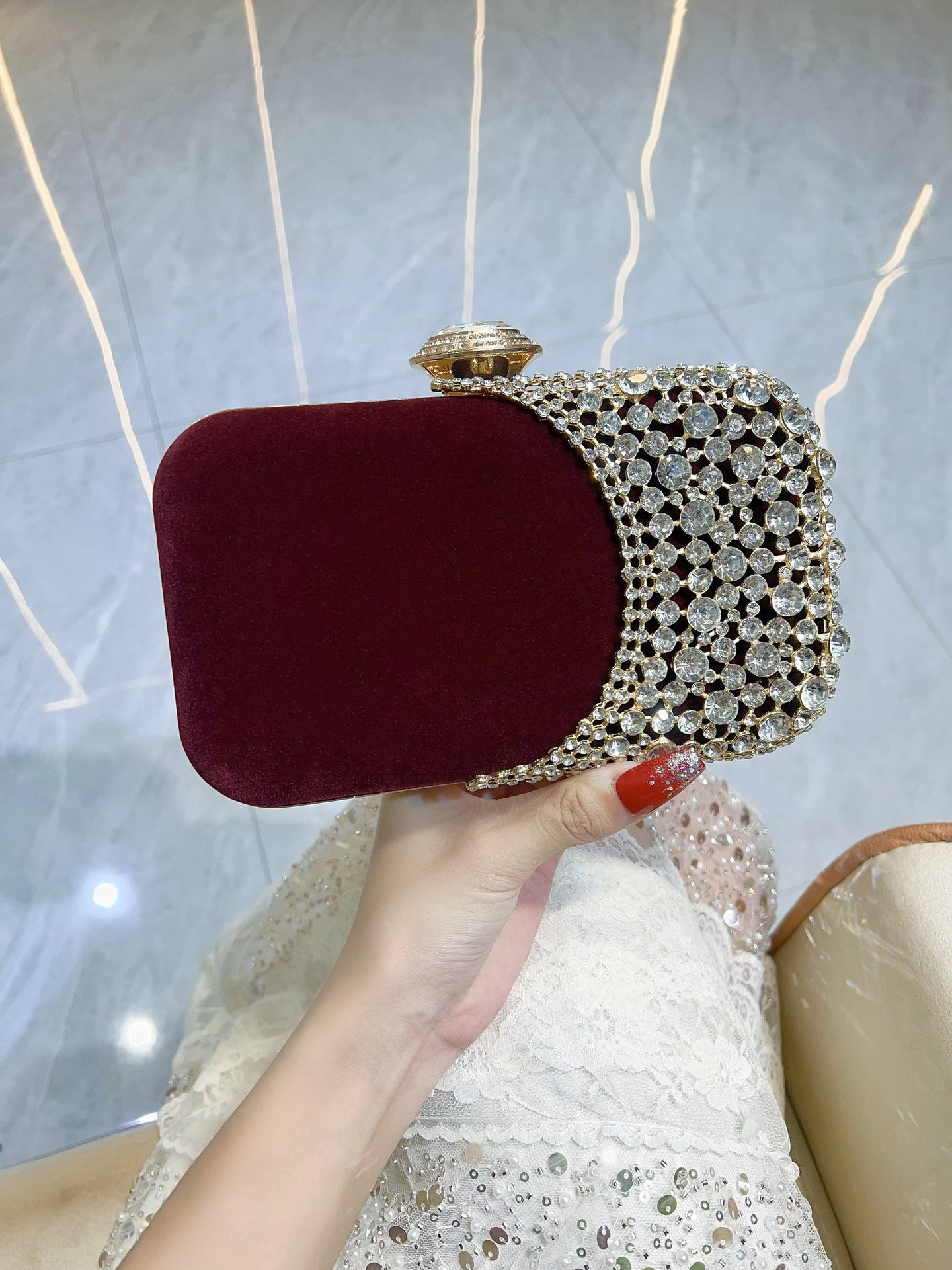 Retro Crystal-Encrusted Velvet Box Clutch — front view