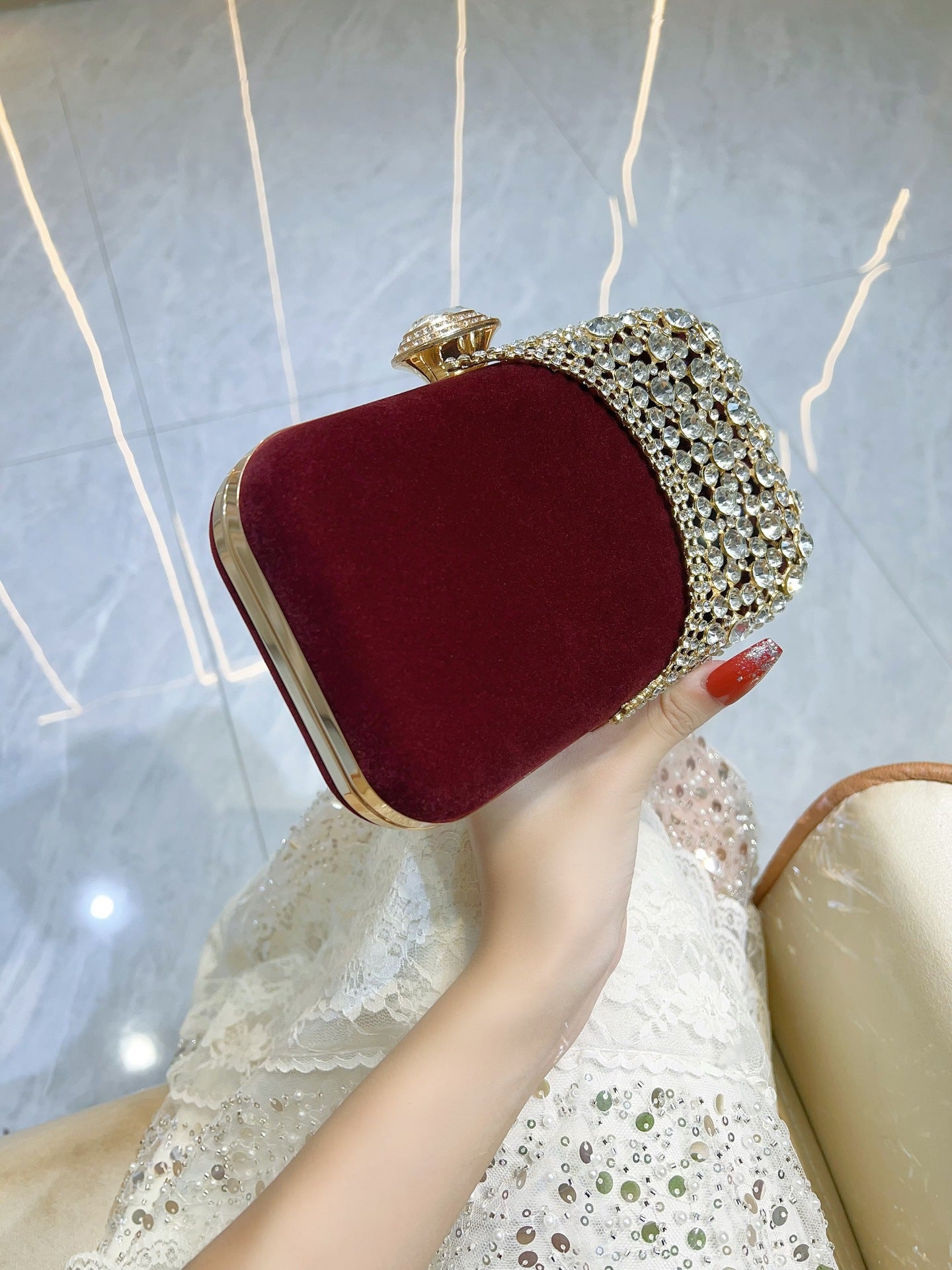 Retro Crystal-Encrusted Velvet Box Clutch — full length