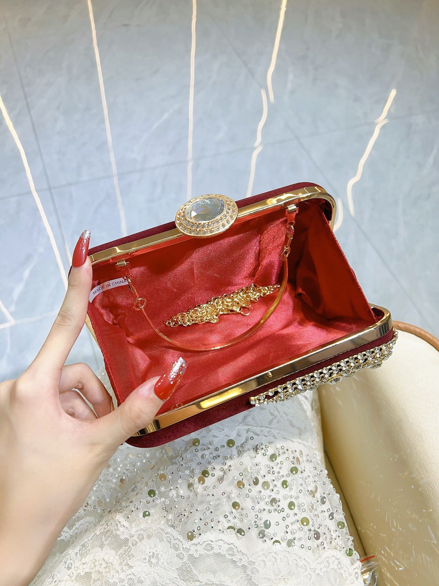 Retro Crystal-Encrusted Velvet Box Clutch — styled look