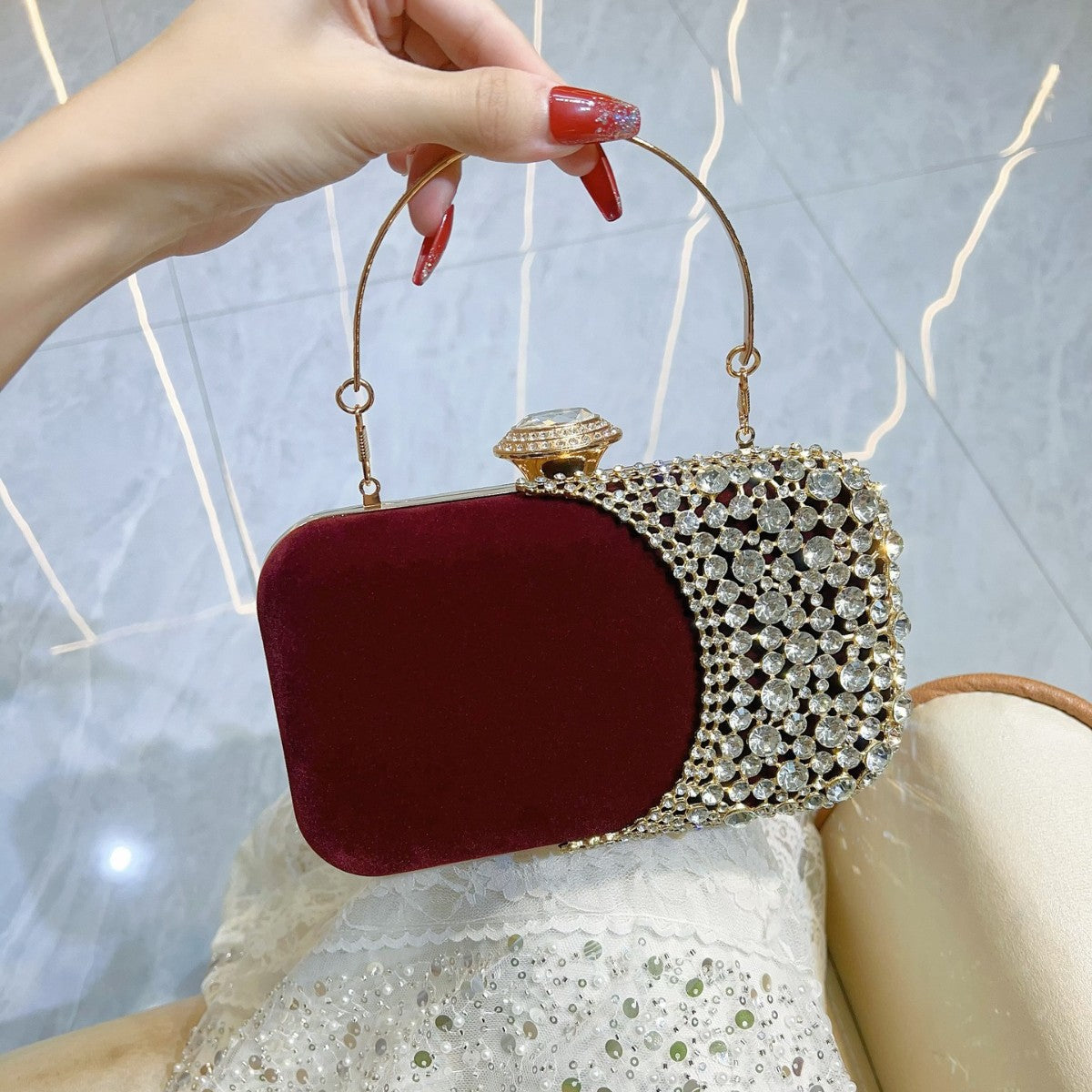 Retro Crystal-Encrusted Velvet Box Clutch — side view