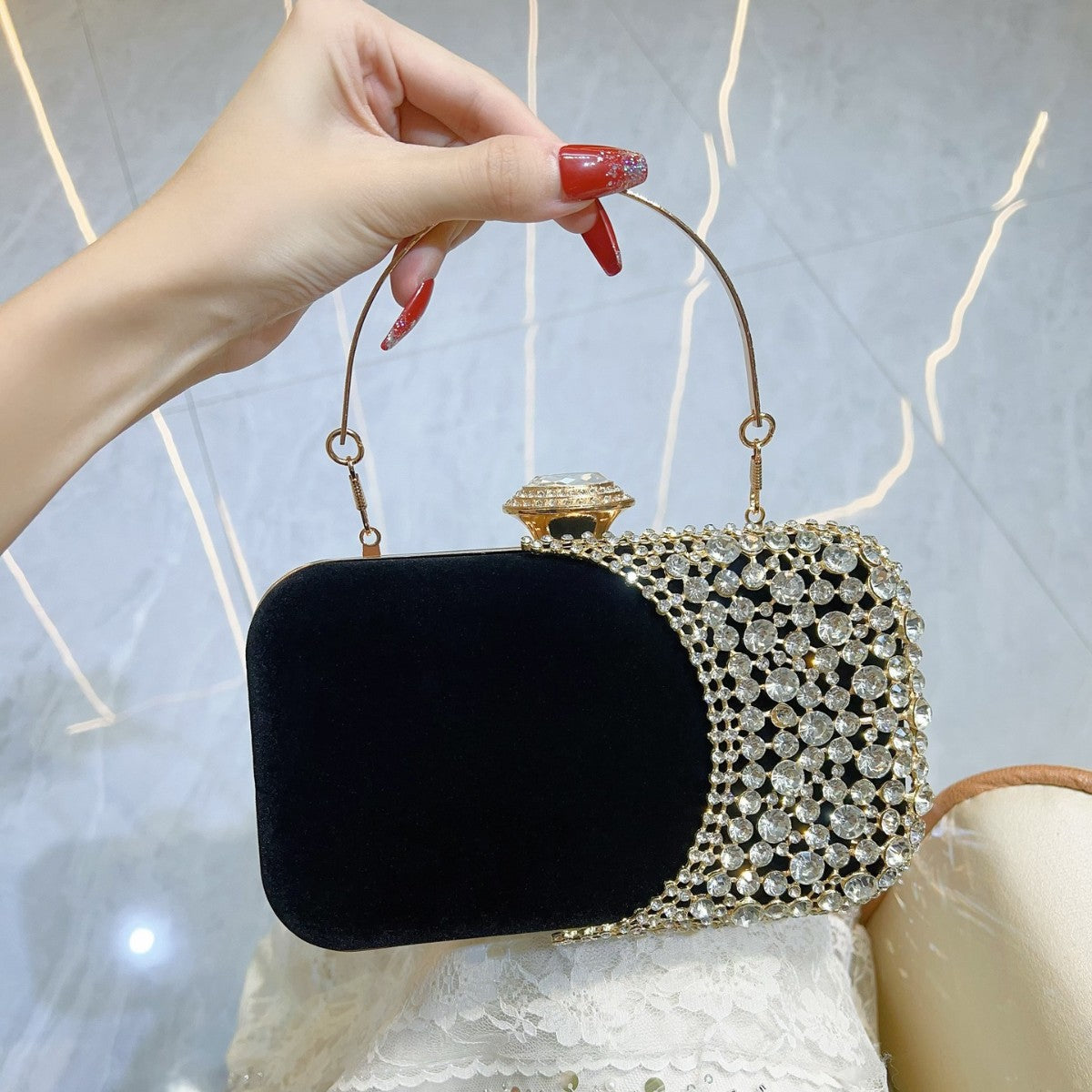 Retro Crystal-Encrusted Velvet Box Clutch — close-up detail
