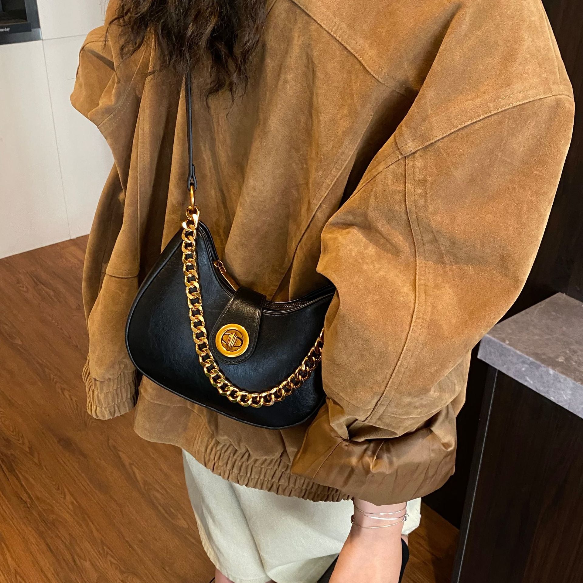 Retro Italian-Inspired Crescent Crossbody Bag — styled look