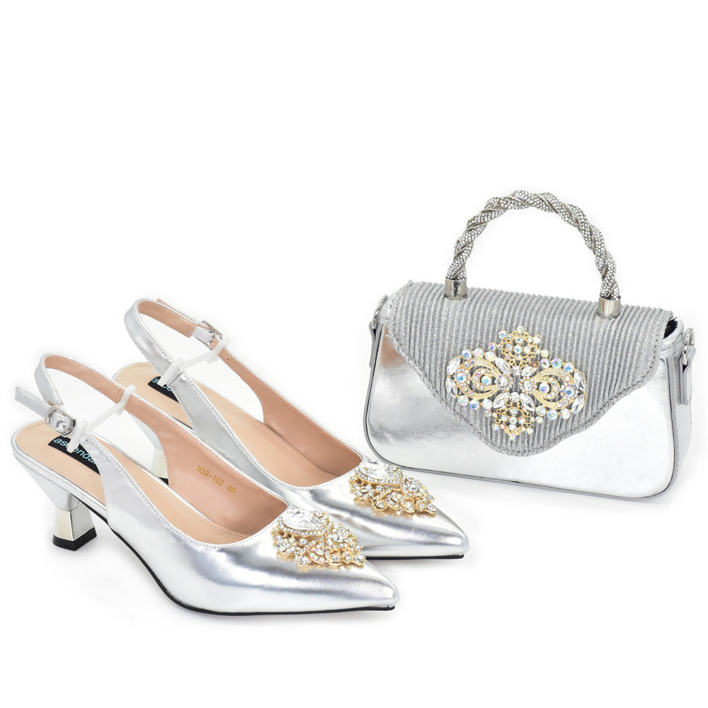 Rhinestone Bridal Pointed-Toe Sandal & Bag Set — fabric and detail