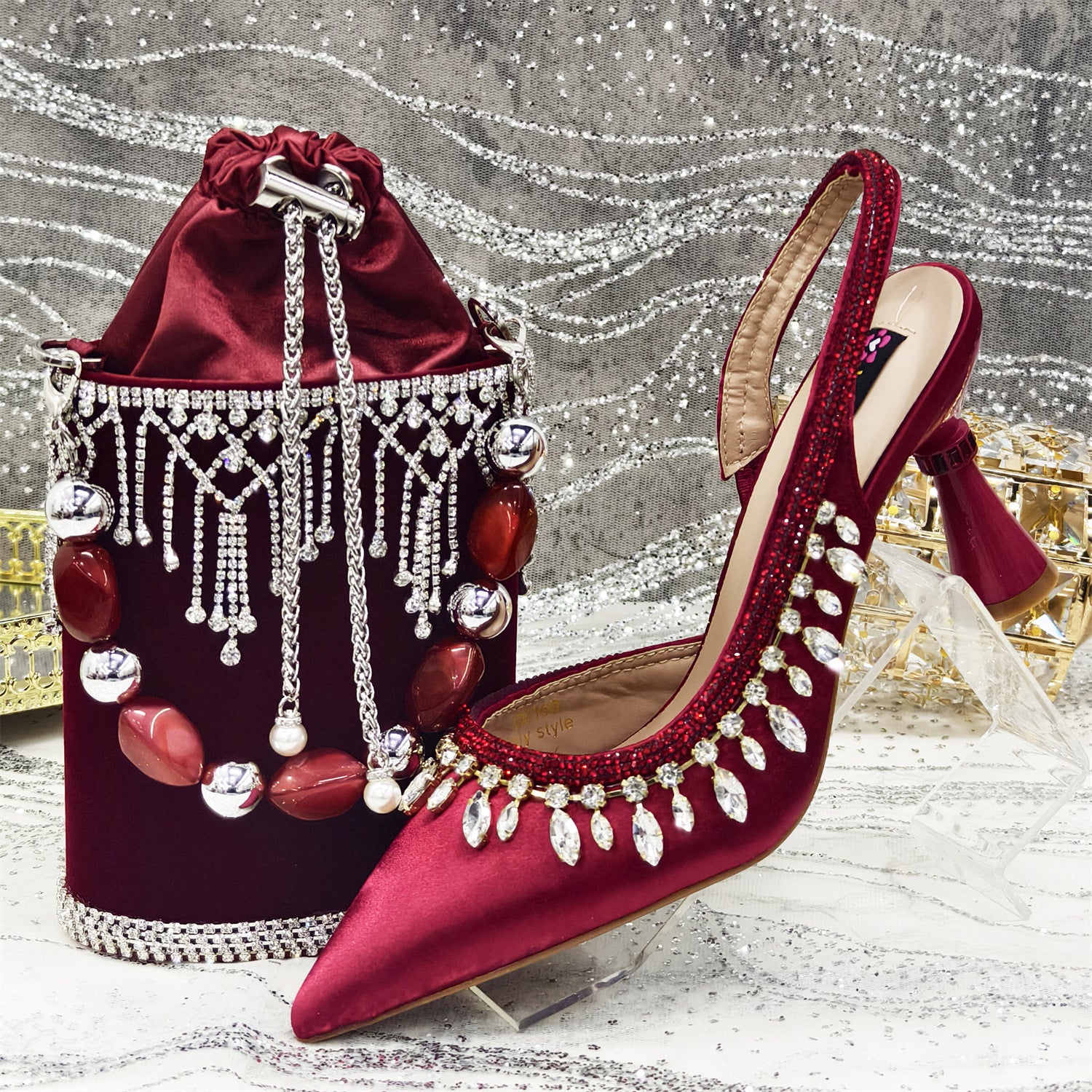 Rhinestone Pointed-Toe Heels & Bucket Bag Set — front view
