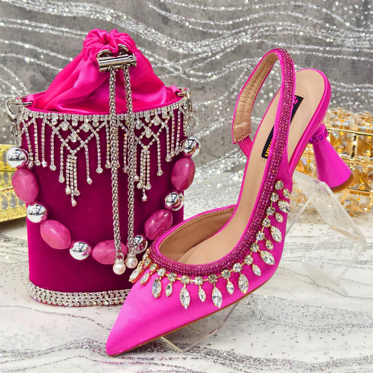 Rhinestone Pointed-Toe Heels & Bucket Bag Set — full length