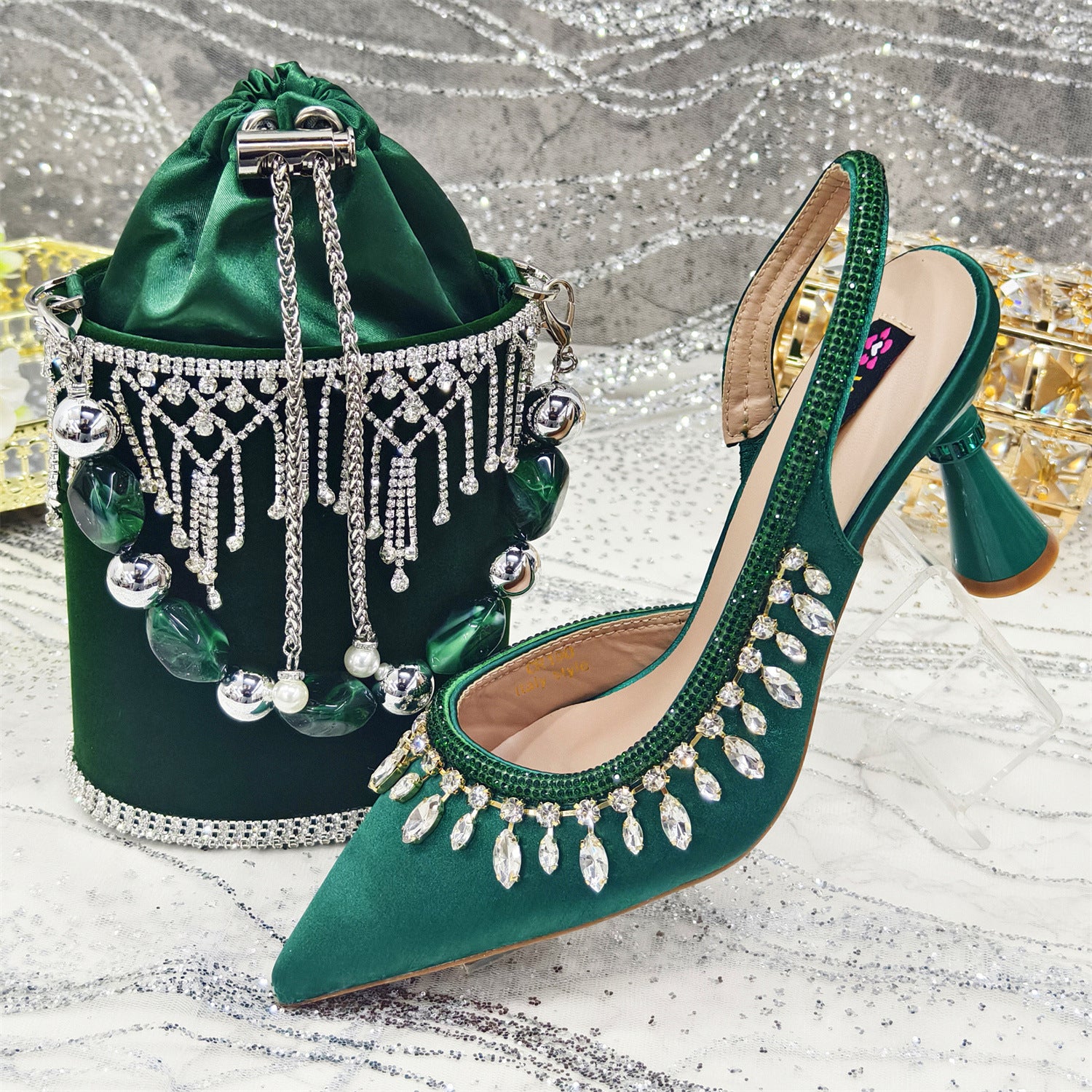 Rhinestone Pointed-Toe Heels & Bucket Bag Set — styled look