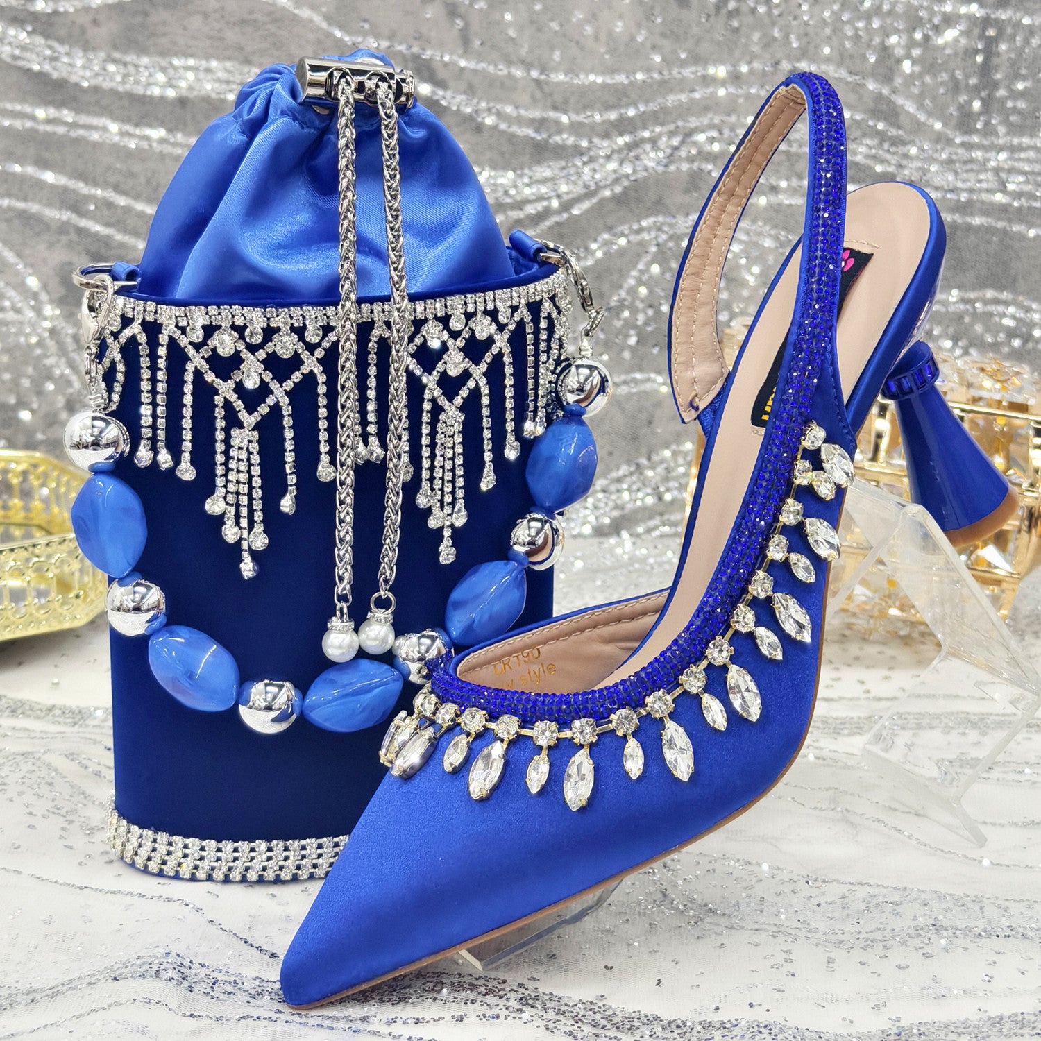 Rhinestone Pointed-Toe Heels & Bucket Bag Set — fabric and detail