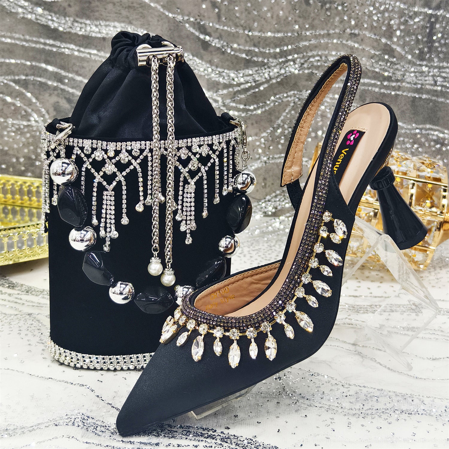 Rhinestone Pointed-Toe Heels & Bucket Bag Set — back view
