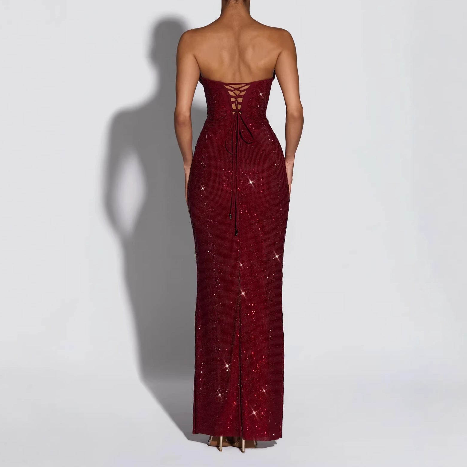 Rosamund Rhinestone Embellished Strapless Column Gown - back view