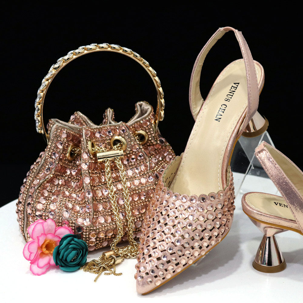 Rosé Crystal Heel & Bag Set — styled look