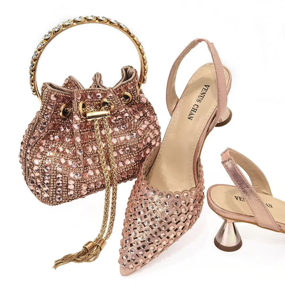 Rosé Crystal Heel & Bag Set — runway angle